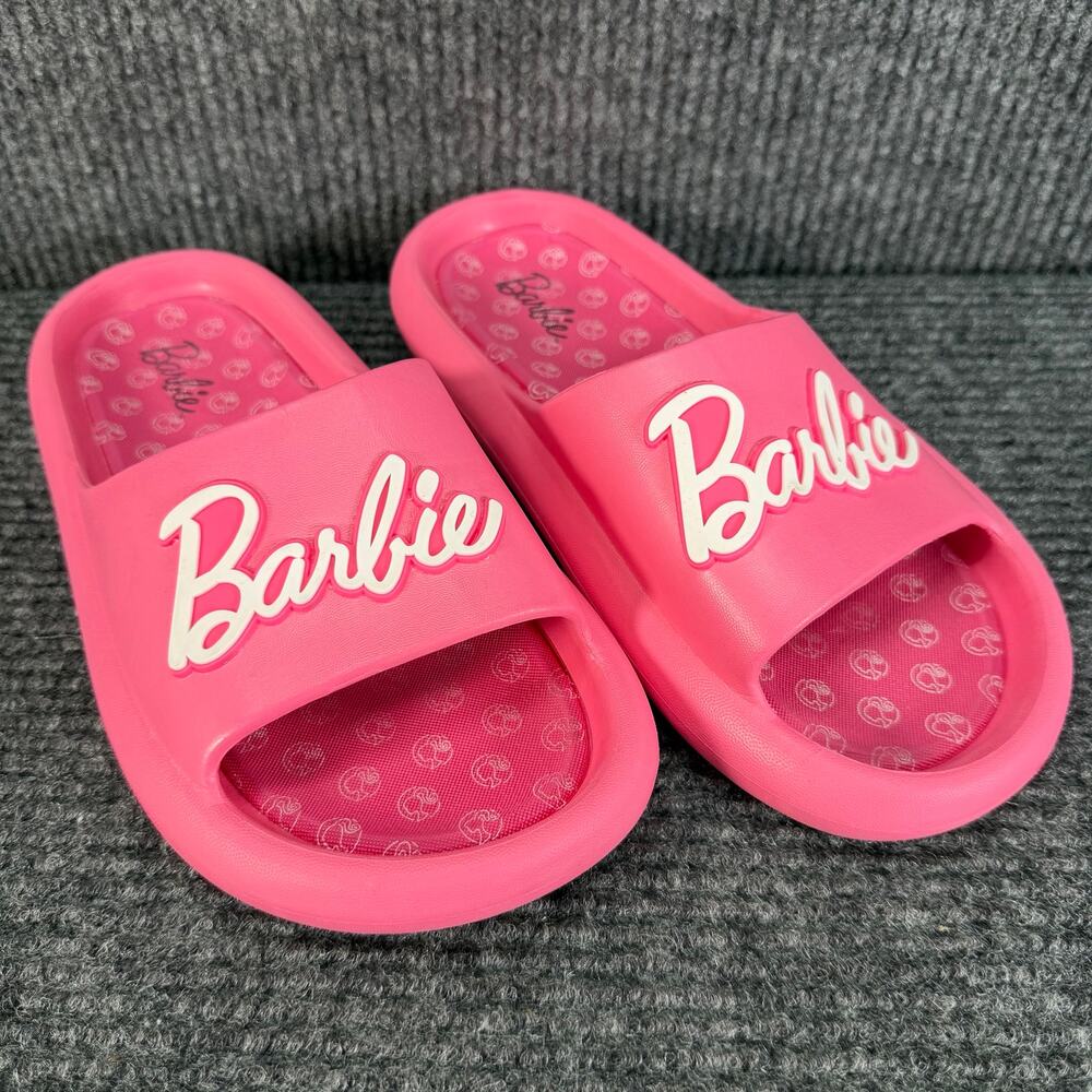Barbie Women’s Size 9 Pink Slide Sandals Logo Slip On Pool Beach Shoes